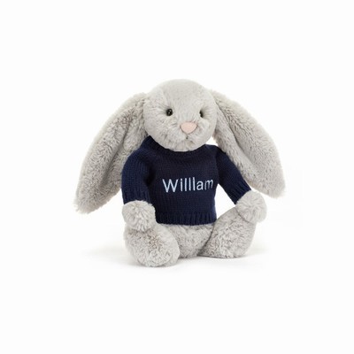 Jellycat Bashful Silver Konijn with Navy Jumper | DY5723061